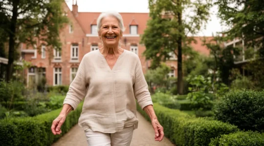 Femme senior souriante marchant dans un jardin arboré de résidence avec architecture flamande en arrière-plan