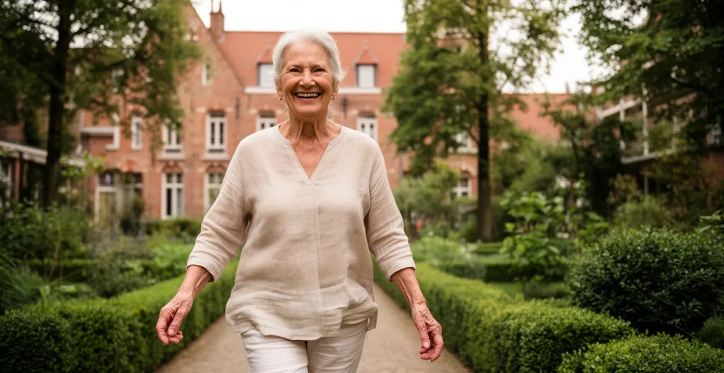 Femme senior souriante marchant dans un jardin arboré de résidence avec architecture flamande en arrière-plan