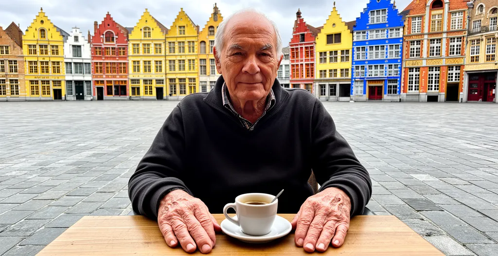 Senior assis à une terrasse de café sur une place pavée avec façades flamandes colorées