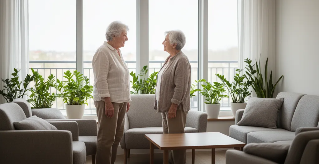 Espace commun lumineux de résidence senior avec mobilier confortable et baie vitrée