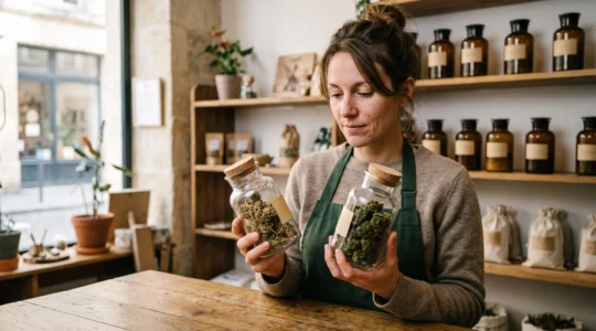 Une vendeuse compare deux fleurs de CBD dans deux bocaux en verre sur le comptoir d'une boutique.